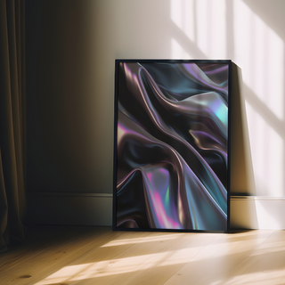 Framed abstract artwork featuring a wavy, iridescent design on a white background, displayed in a premium black wooden frame.
