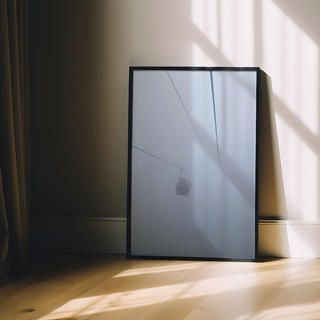 Framed photograph capturing a cable car in misty, foggy conditions, displayed in a premium black wooden frame.