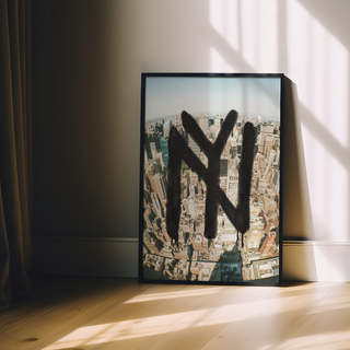 Framed urban artwork featuring New York graffiti over a cityscape, displayed in a premium black wooden frame.