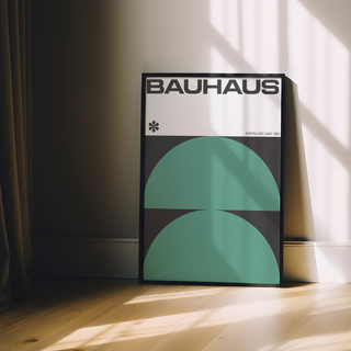 Bauhaus poster showcasing bold graphic design with geometric shapes in black and green, crafted on quality paper. Designed in a modern minimalist style reflecting the iconic Bauhaus Ausstelllung Expo 1923, this wall art piece is ideal for home or office decor, providing a striking visual impact. Featuring clean lines and dynamic forms, it appeals to art and design history enthusiasts, offering a unique decorative option. Perfect for creating a sophisticated and artistic ambiance. featuring