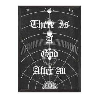 Black and white urban typography poster with white text and symbols saying "there is a good after all". Displayed in a black wooden frame. 