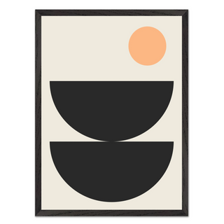 Boho scandi style abstract art print with black semi circle shapes and a peach circle on a beige background. Displayed in a premium wood black frame. 