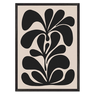 Bold abstract black floral botanical pattern illustration on beige background displayed in a premium black wooden frame. 