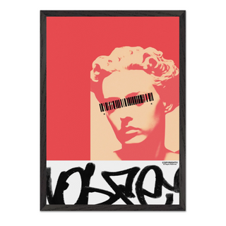 Graffiti red black and white poster featuring a sculpture face of a woman stylized. Graffiti style marks. Displayed in a black wooden frame. 
