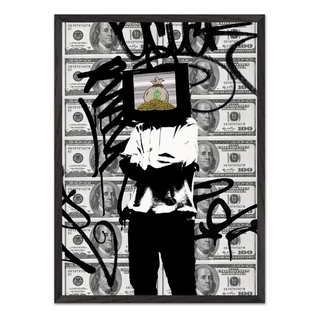 Urban banksy inspired graffiti wall art featuring dollar bills as the background a figure of a man with a tv on his head with cash inside. Thought provoking street urban poster. Displayed in a premium black wooden frame. 