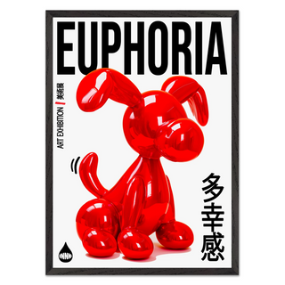Bold Japanese style exhibition poster of  red balloon dog sculpture with 'Euphoria' text on a white background. Displayed in a black premium wooden frame. 