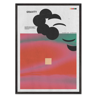Abstract poster with pink and green hues, bold typography reading ‘Gravity’ on a clean white background, displayed in a premium wooden black frame.