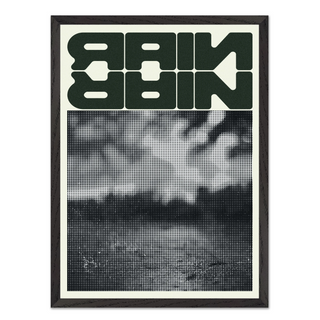 Framed modern urban artwork featuring green text saying 'rain' over a black and white pixelated abstract design, displayed in a premium black wooden frame.