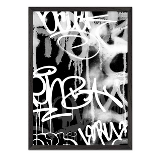 Black, white and grey graffiti  spray paint abstract art print with graffiti-style text displayed in a black wooden frame. 