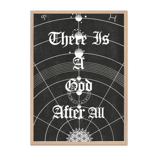 Black and white urban typography poster with white text and symbols saying "there is a good after all". Displayed in a oak wooden frame. 