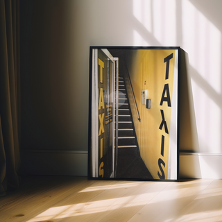 Urban 35mm film photograph of a taxi service front door with an edgy street art aesthetic, displayed in a premium black wooden frame.