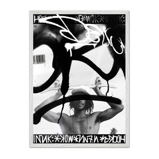 Black and white graffiti poster featuring a man holding a skateboard. Urban style photography paired with graffiti tags in a poster design. Displayed in a premium white wooden frame. 
