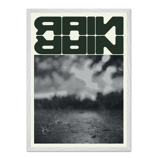 Framed modern urban artwork featuring green text saying 'rain' over a black and white pixelated abstract design, displayed in a premium white wooden frame.