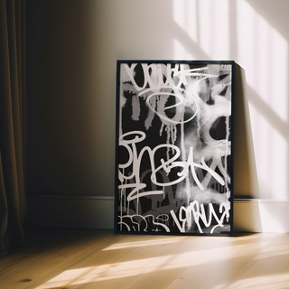 Black, white and grey graffiti  spray paint abstract art print with graffiti-style text displayed in a black wooden frame. 
