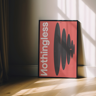 Framed poster featuring the word 'Nothingless' with black abstract shapes on a red background, displayed in a premium black wooden frame.