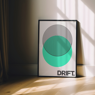 Bold Green circle abstract illustration with black typography poster with the word "drift" written at the bottom. Displayed in a premium wooden black frame. 