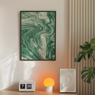 Modern minimalist artwork featuring a green and white marbled pattern, displayed in a premium black wooden frame.