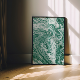 Modern minimalist artwork featuring a green and white marbled pattern, displayed in a premium black wooden frame.