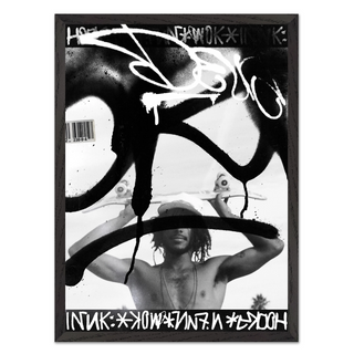 Black and white graffiti poster featuring a man holding a skateboard. Urban style photography paired with graffiti tags in a poster design. Displayed in a premium black wooden frame. 